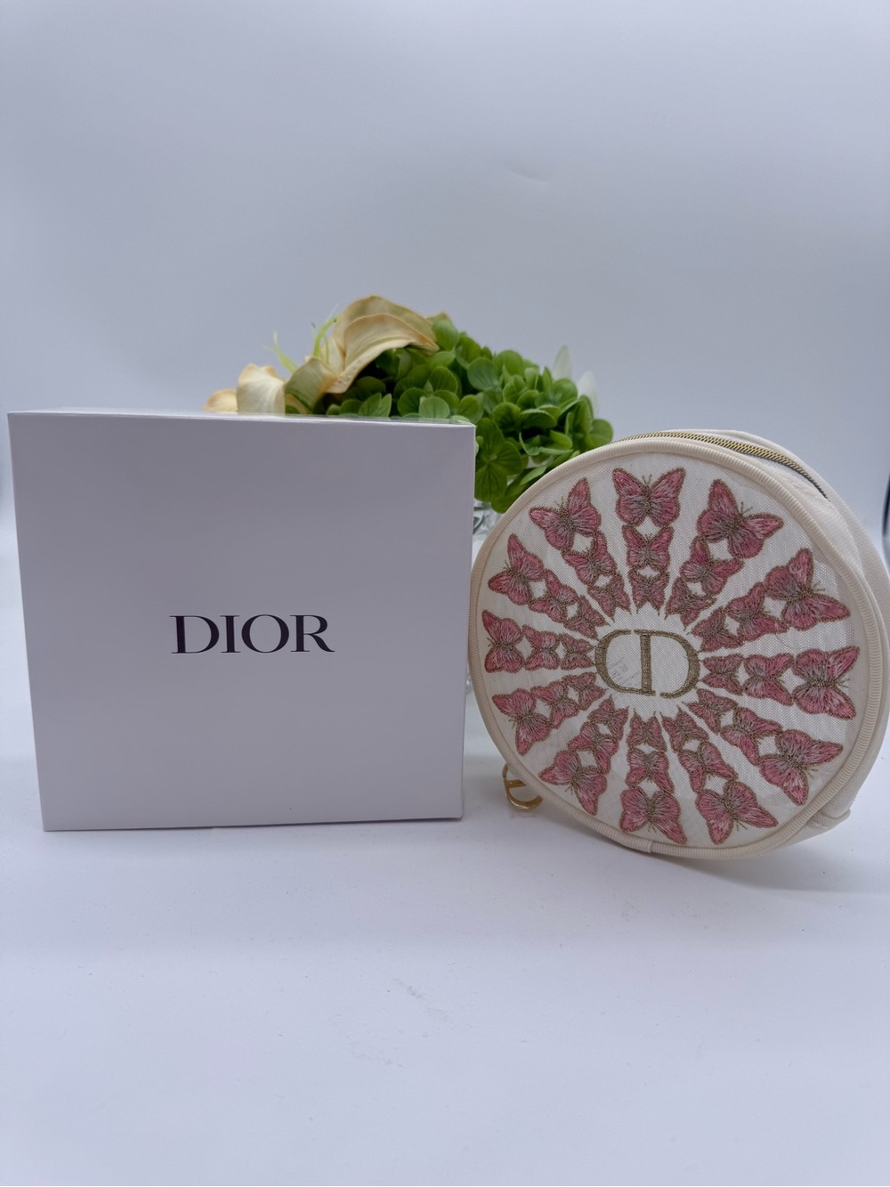 Dior Butterfly Embroidered Round Mesh Vanity Cosmetic Makeup Case 6” * 2”